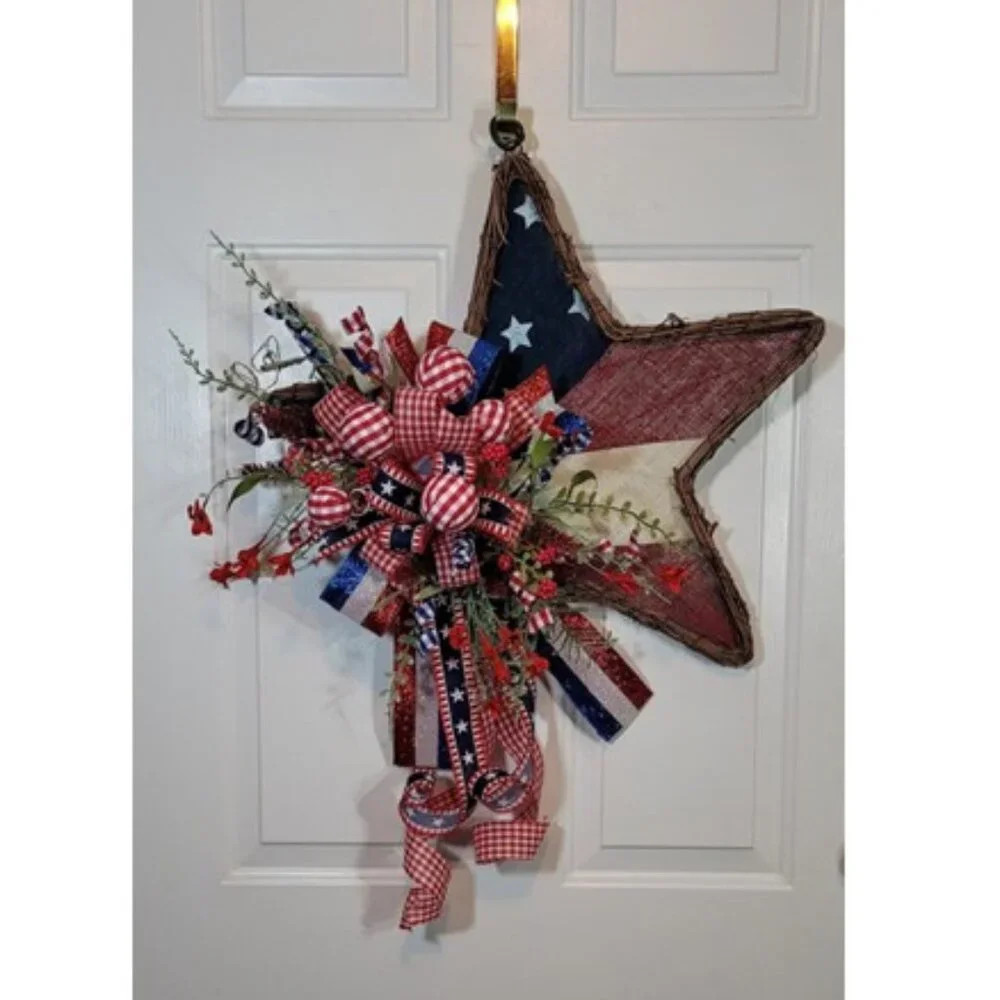 Stars / Stripes Wreath, Red White Blue Burlap Star 4th July Wreath, Hand Crafted